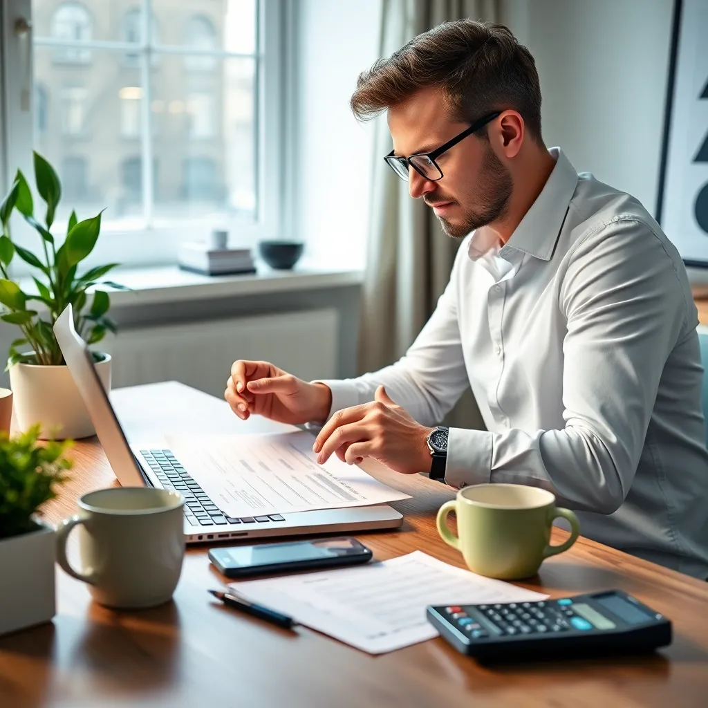 Persoon die financiële planning doet met laptop en documenten