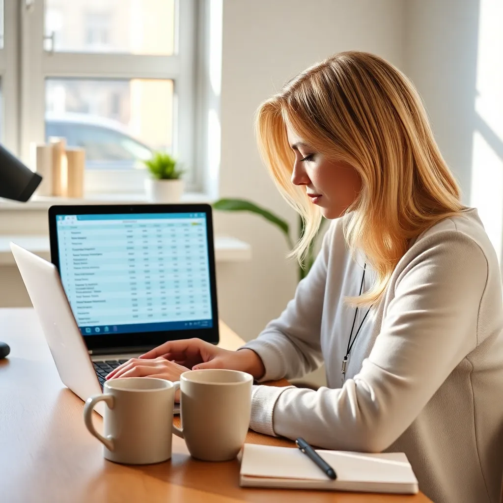 Vrouw die thuis online budgetteringscursus volgt op laptop